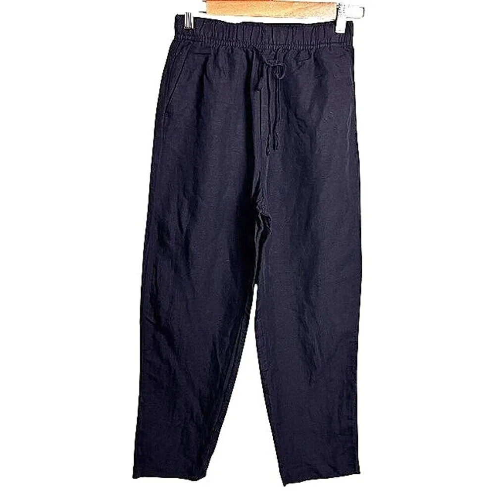 H&M Womens XS Black Linen Blend Pull On Pants Drawstring Relaxed Minimalist
